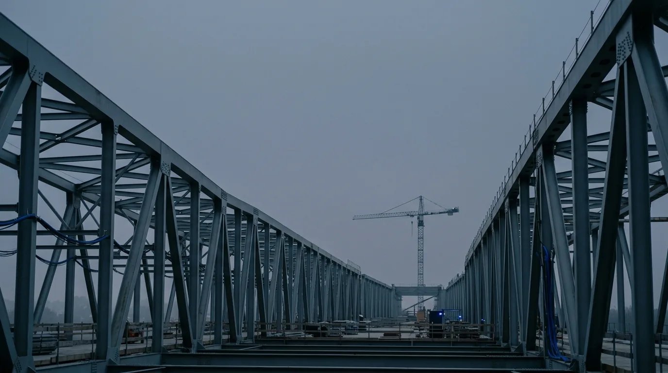 施工中的鋼桁架橋，塔式起重機立於遠端